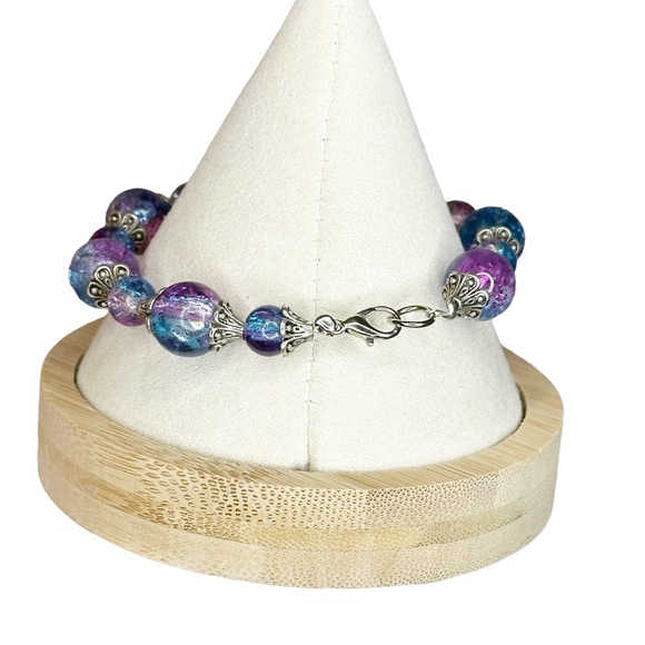 NEW Mermaid Bubbles Blue & Purple Crackle Glass Beaded Bracelet - Picture 4 of 6